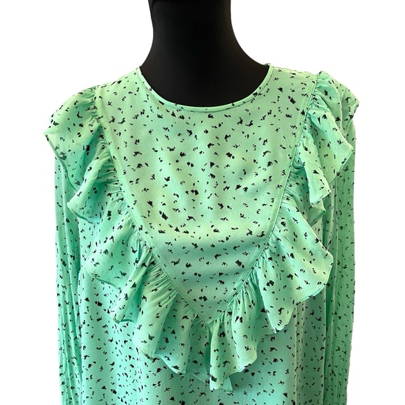 Aritzia Little Moon Mint Green/Black Pattern Long Sleeve Ruffle Dress (L) - Picture 7 of 16